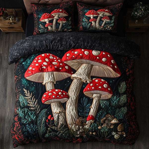 Whimsical Caps quilted 3-piece bedding set on a made bed with two matching pillow shams