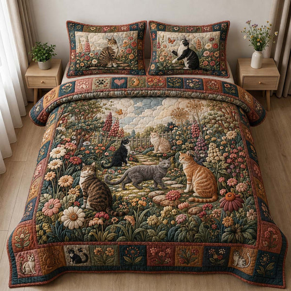 Whimsical Cat Flower Garden quilted 3-piece bedding set on a made bed with two matching pillow shams