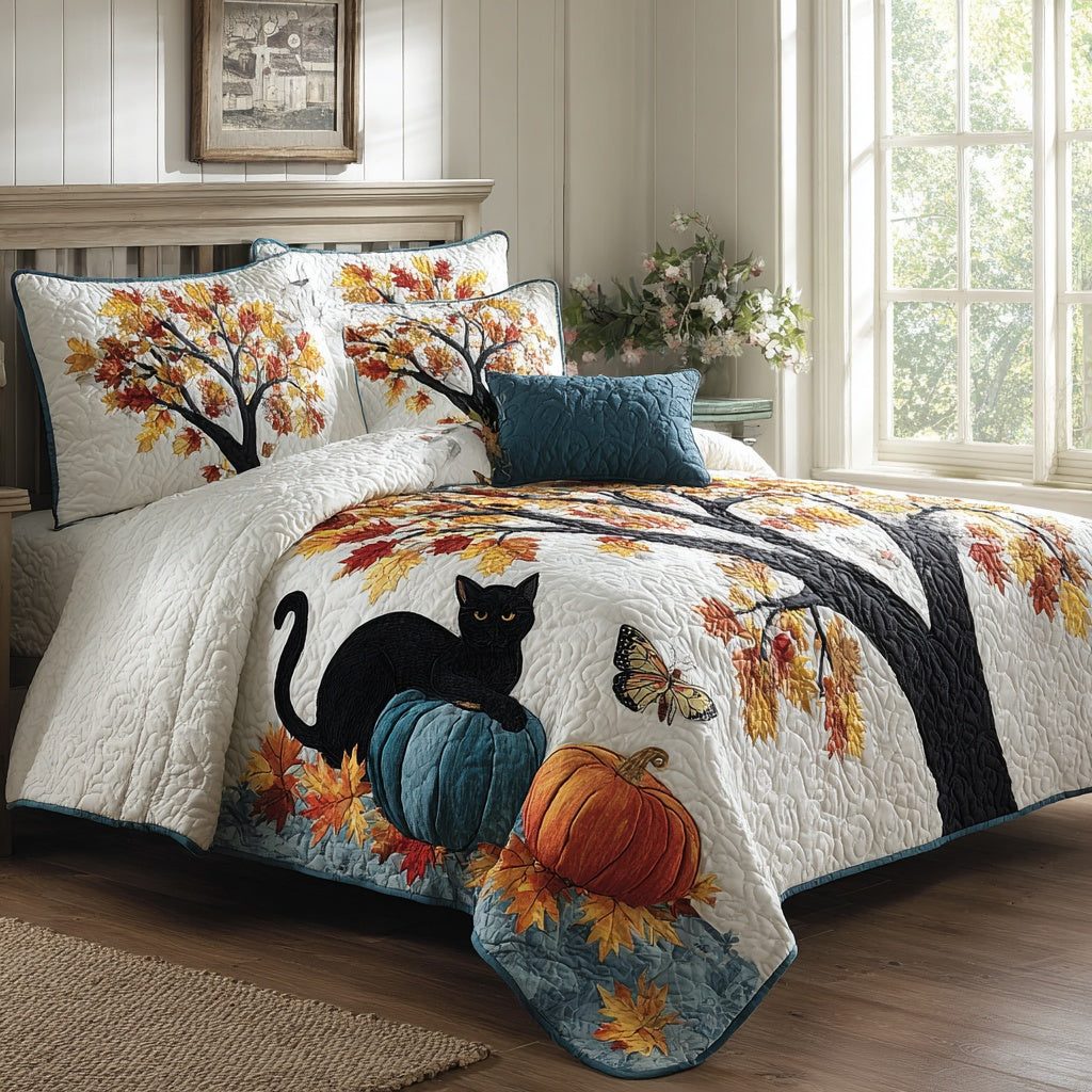 Whimsical Cat Patch quilted 3-piece bedding set on a made bed with two matching pillow shams