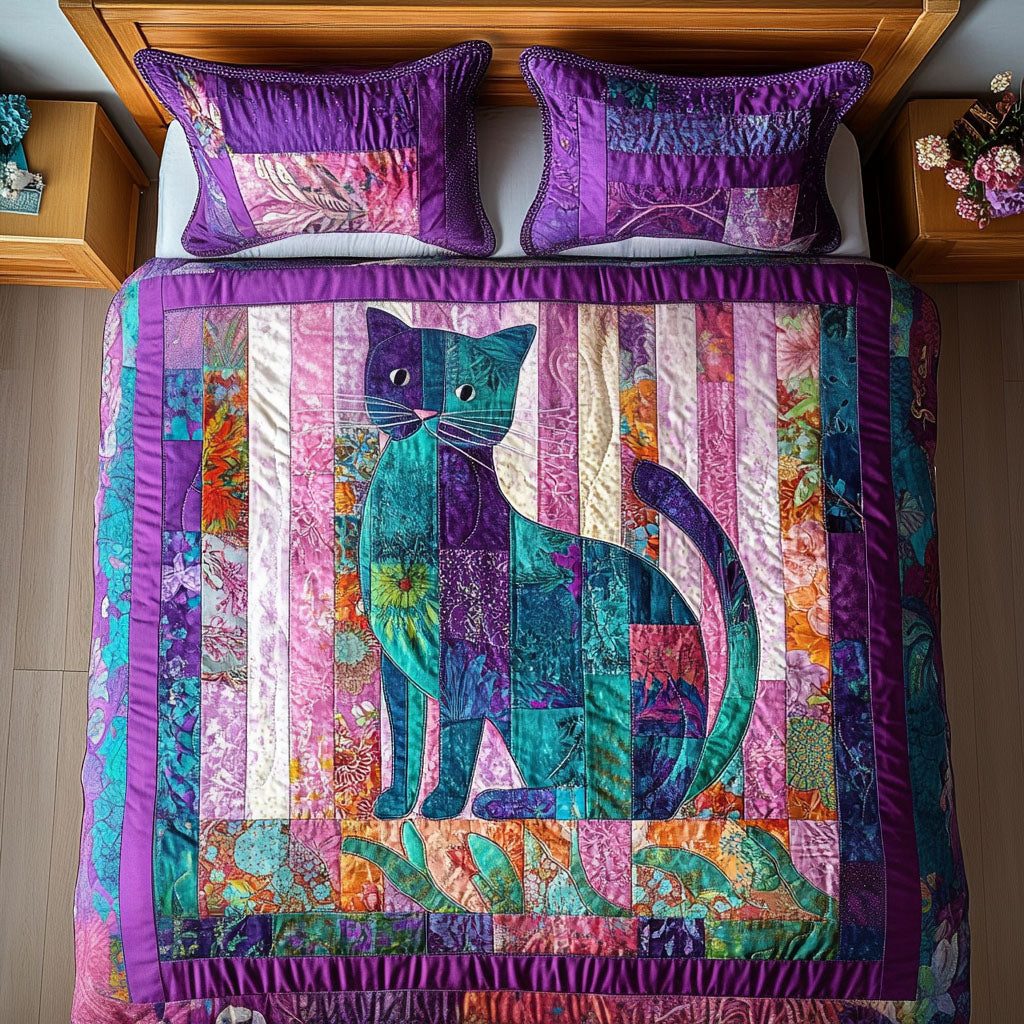 Whimsical Cat Patchwork quilted 3-piece bedding set on a made bed in a farmhouse bedroom