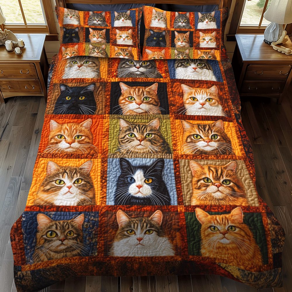 Whimsical Cat Patterned quilted 3-piece bedding set on a made bed with two matching pillow shams