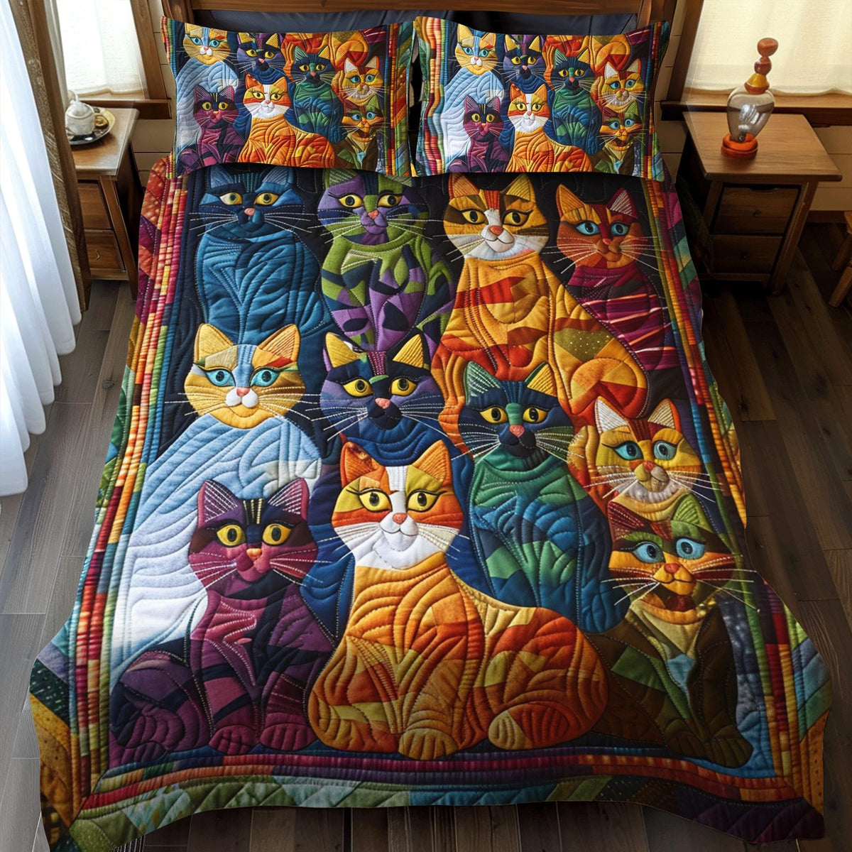 Whimsical Cat quilted 3-piece bedding set on a made bed with two matching pillow shams