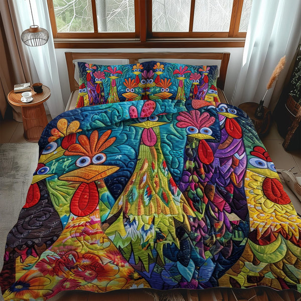 Whimsical Chickens quilted 3-piece bedding set on a made bed with two matching pillow shams