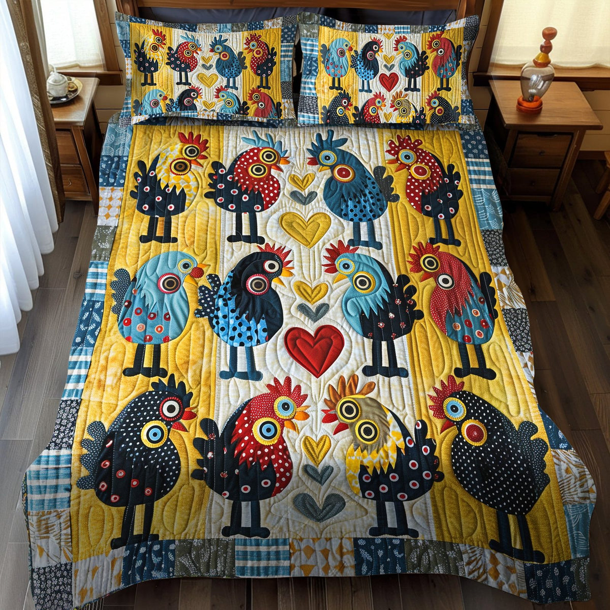 Whimsical Chicks quilted 3-piece bedding set on a made bed with two matching pillow shams