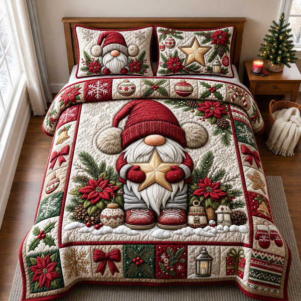 Whimsical Christmas Gnome quilted 3-piece bedding set on a made bed in a winter-styled bedroom