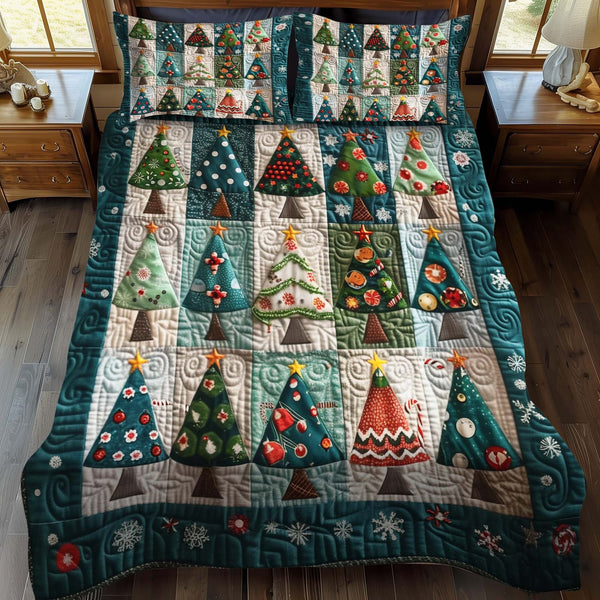 Whimsical Christmas Trees quilted 3-piece bedding set on a made bed in a winter-styled bedroom