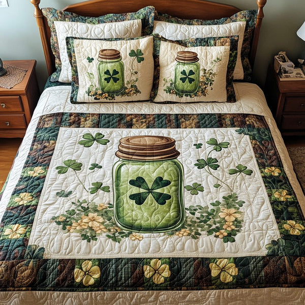Whimsical Clover Dreams quilted 3-piece bedding set on a made bed with two matching pillow shams