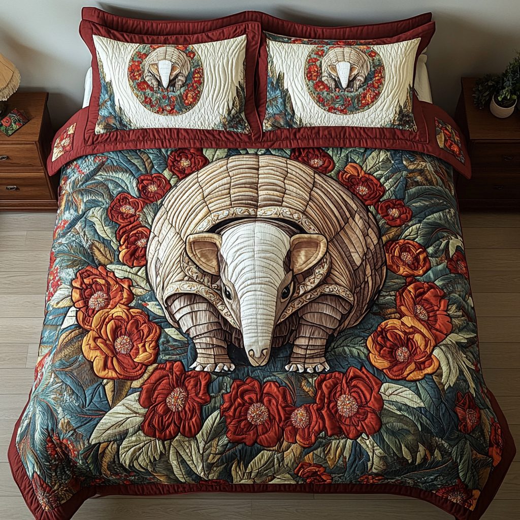 Whimsical Design quilted 3-piece bedding set on a made bed with two matching pillow shams