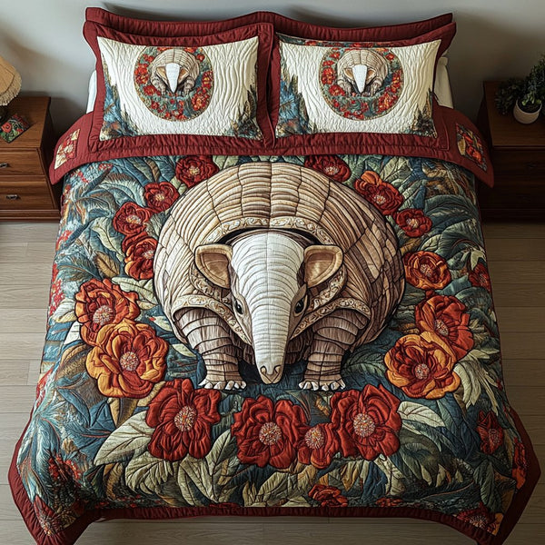 Whimsical Design quilted 3-piece bedding set on a made bed with two matching pillow shams