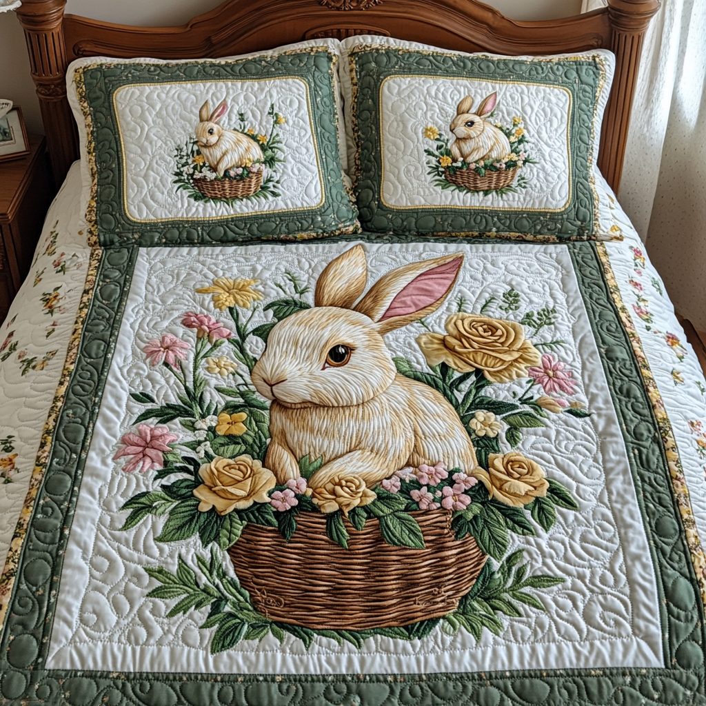 Whimsical Easter Bunny quilted 3-piece bedding set on a made bed with two matching pillow shams