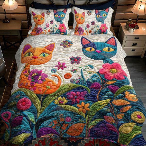 Whimsical Fantasy Cat quilted 3-piece bedding set on a made bed with two matching pillow shams
