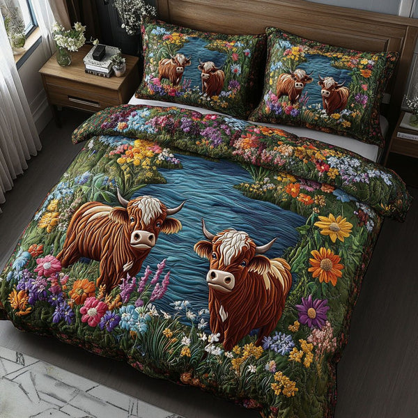 Whimsical Farm Vibes quilted 3-piece bedding set on a made bed with two matching pillow shams