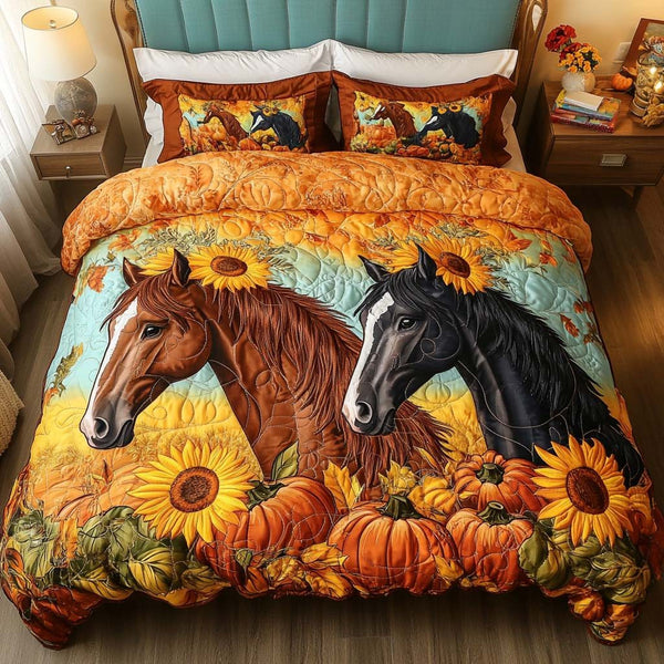 Whimsical Fields quilted 3-piece bedding set on a made bed with two matching pillow shams