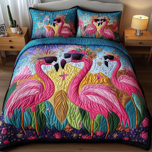 Whimsical Flamingo quilted 3-piece bedding set on a made bed with two matching pillow shams
