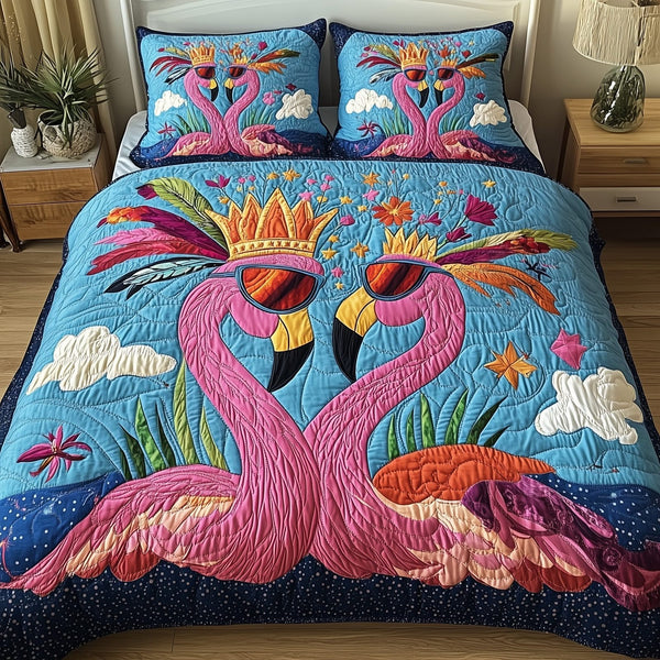 Whimsical Flamingo quilted 3-piece bedding set on a made bed with two matching pillow shams