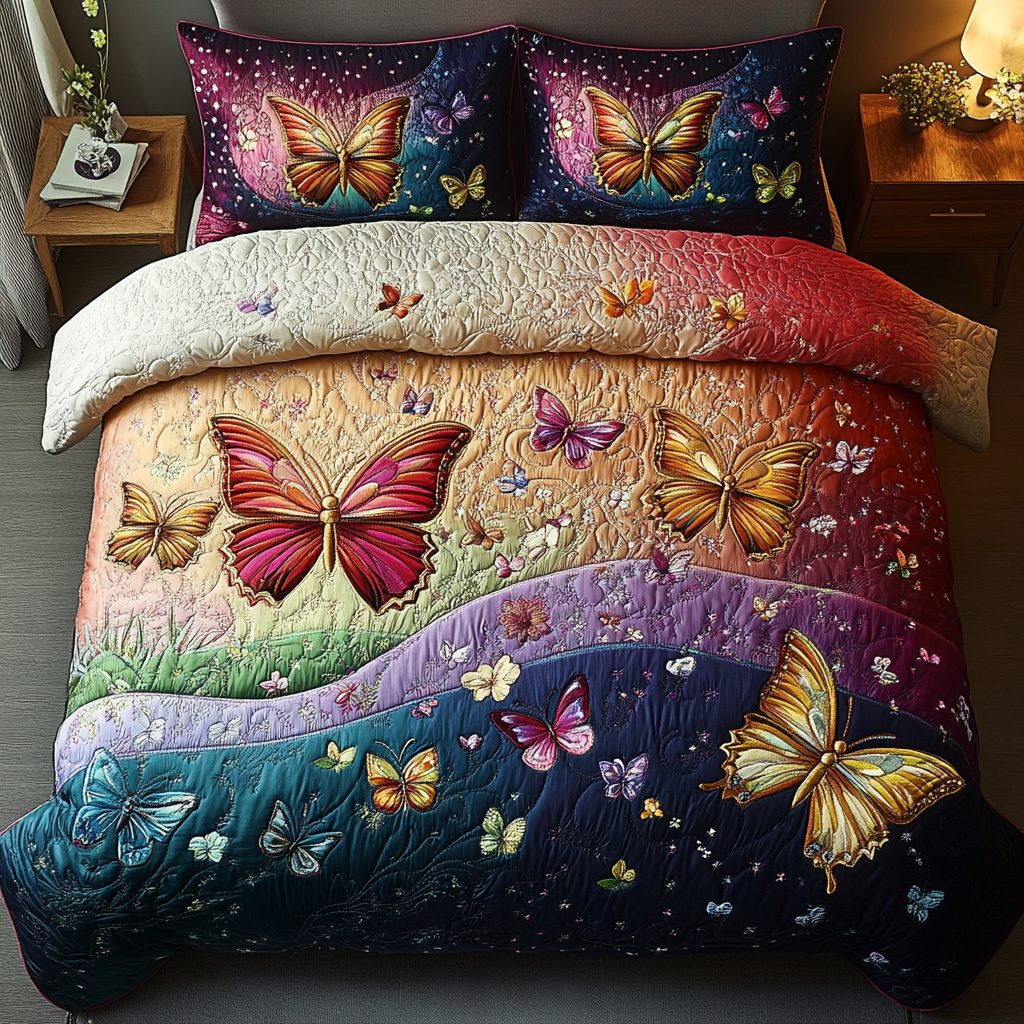 Whimsical Flight quilted 3-piece bedding set on a made bed with two matching pillow shams