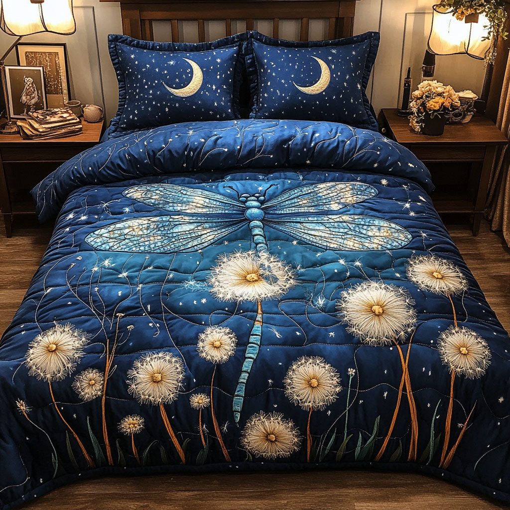 Whimsical Flight quilted 3-piece bedding set on a made bed with two matching pillow shams
