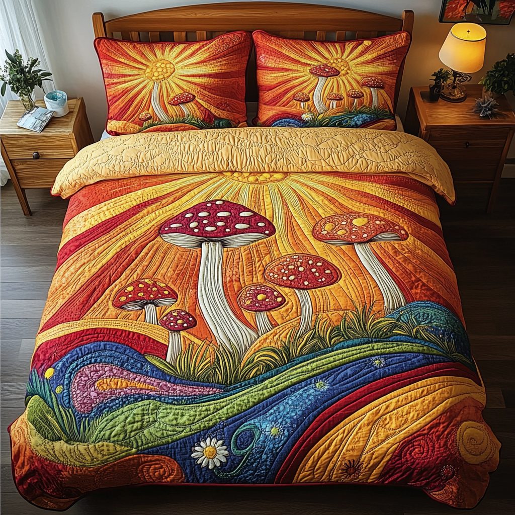 Whimsical Fungi quilted 3-piece bedding set on a made bed with two matching pillow shams