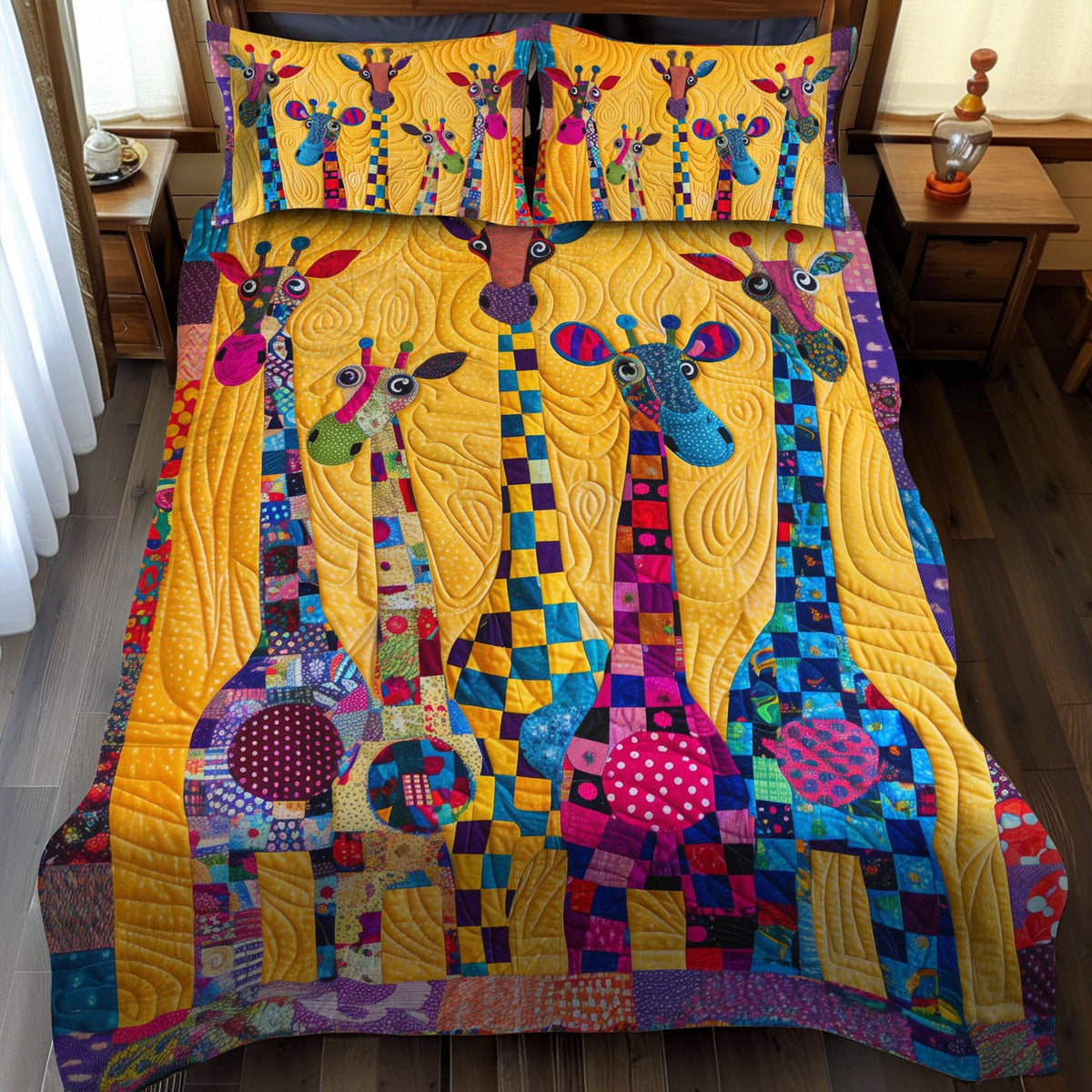 Whimsical Giraffe quilted 3-piece bedding set on a made bed with two matching pillow shams