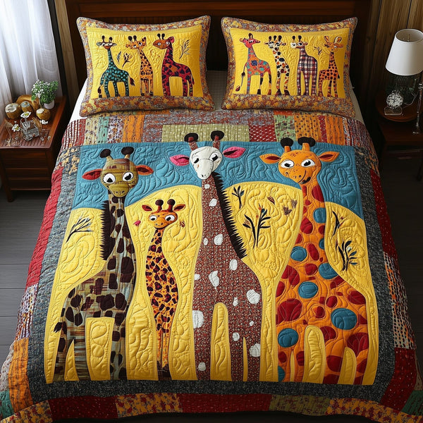 Whimsical Giraffes quilted 3-piece bedding set on a made bed with two matching pillow shams
