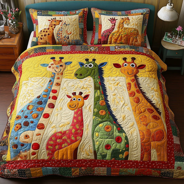 Whimsical Giraffes quilted 3-piece bedding set on a made bed with two matching pillow shams