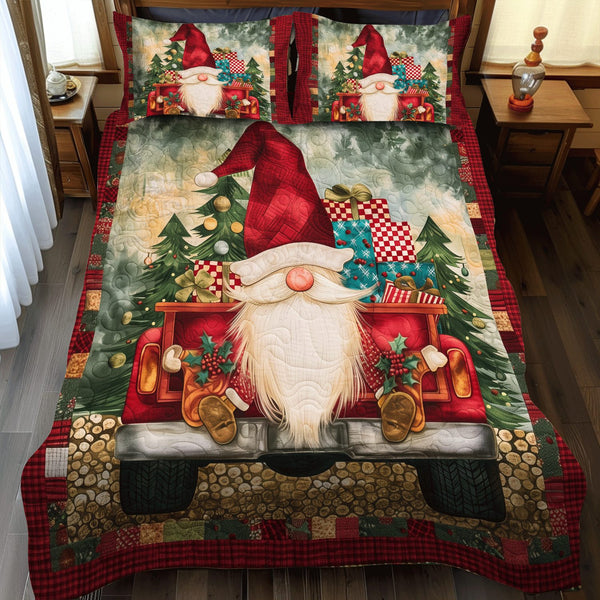 Whimsical Gnome quilted 3-piece bedding set on a made bed in a winter-styled bedroom