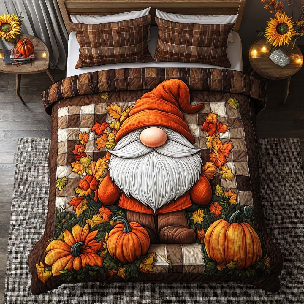 Whimsical Gnome Time quilted 3-piece bedding set on a made bed in a winter-styled bedroom