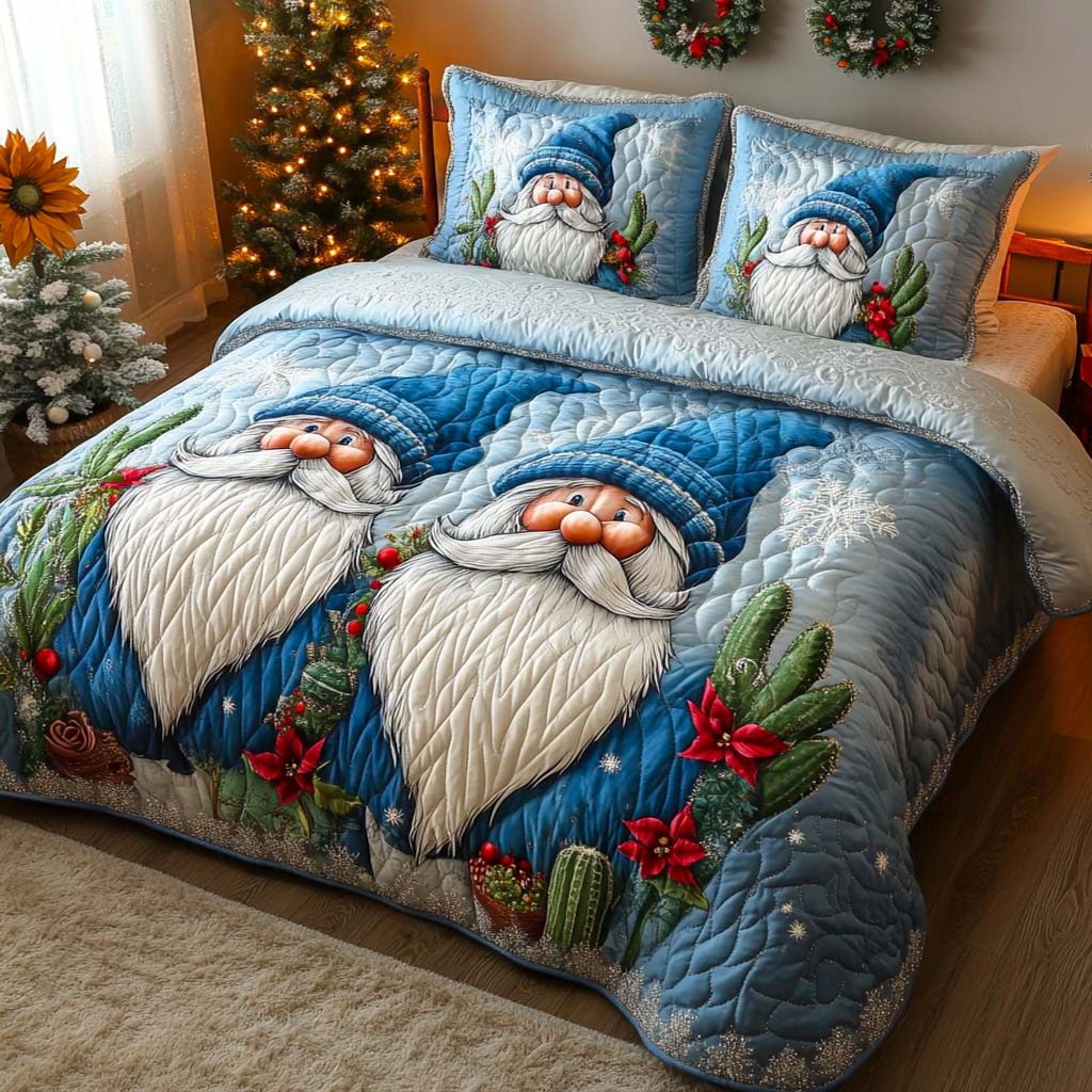 Whimsical Gnome World quilted 3-piece bedding set on a made bed in a winter-styled bedroom