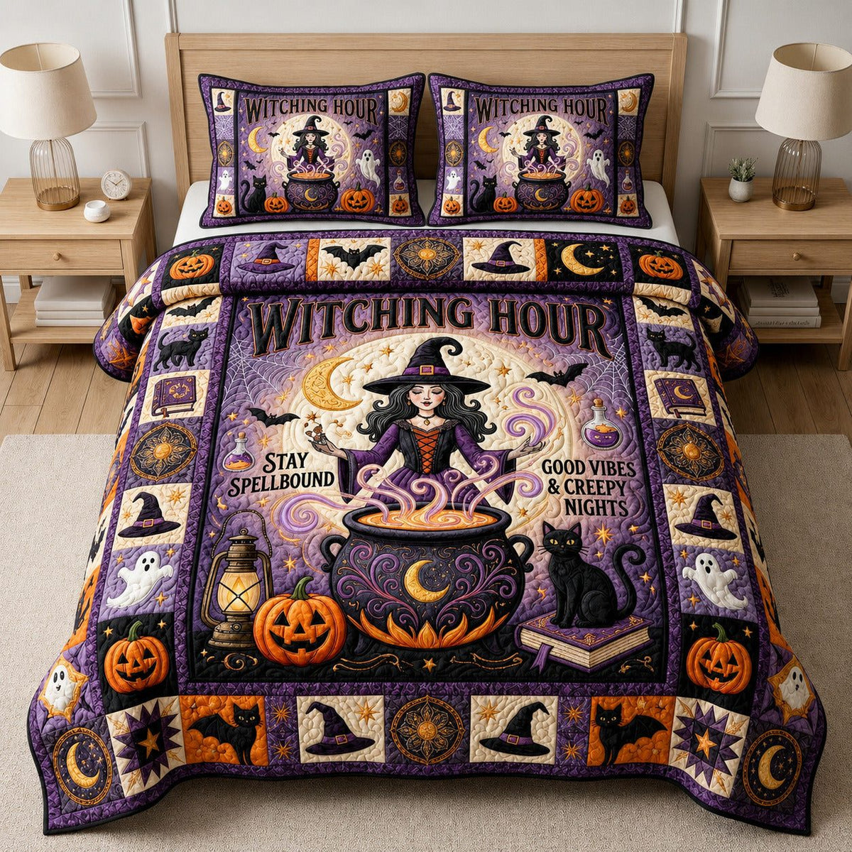 Whimsical Halloween Witch quilted 3-piece bedding set on a made bed against a dark styled interior