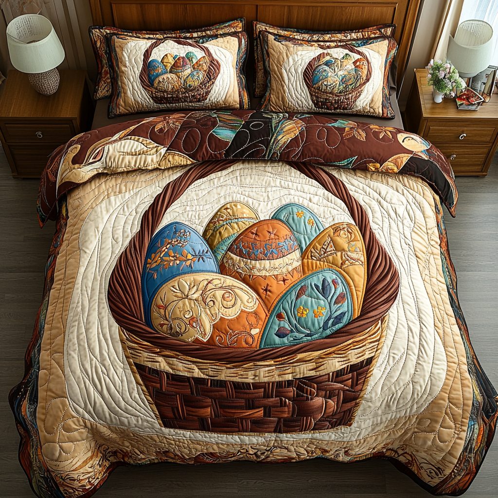 Whimsical Hatch quilted 3-piece bedding set on a made bed with two matching pillow shams