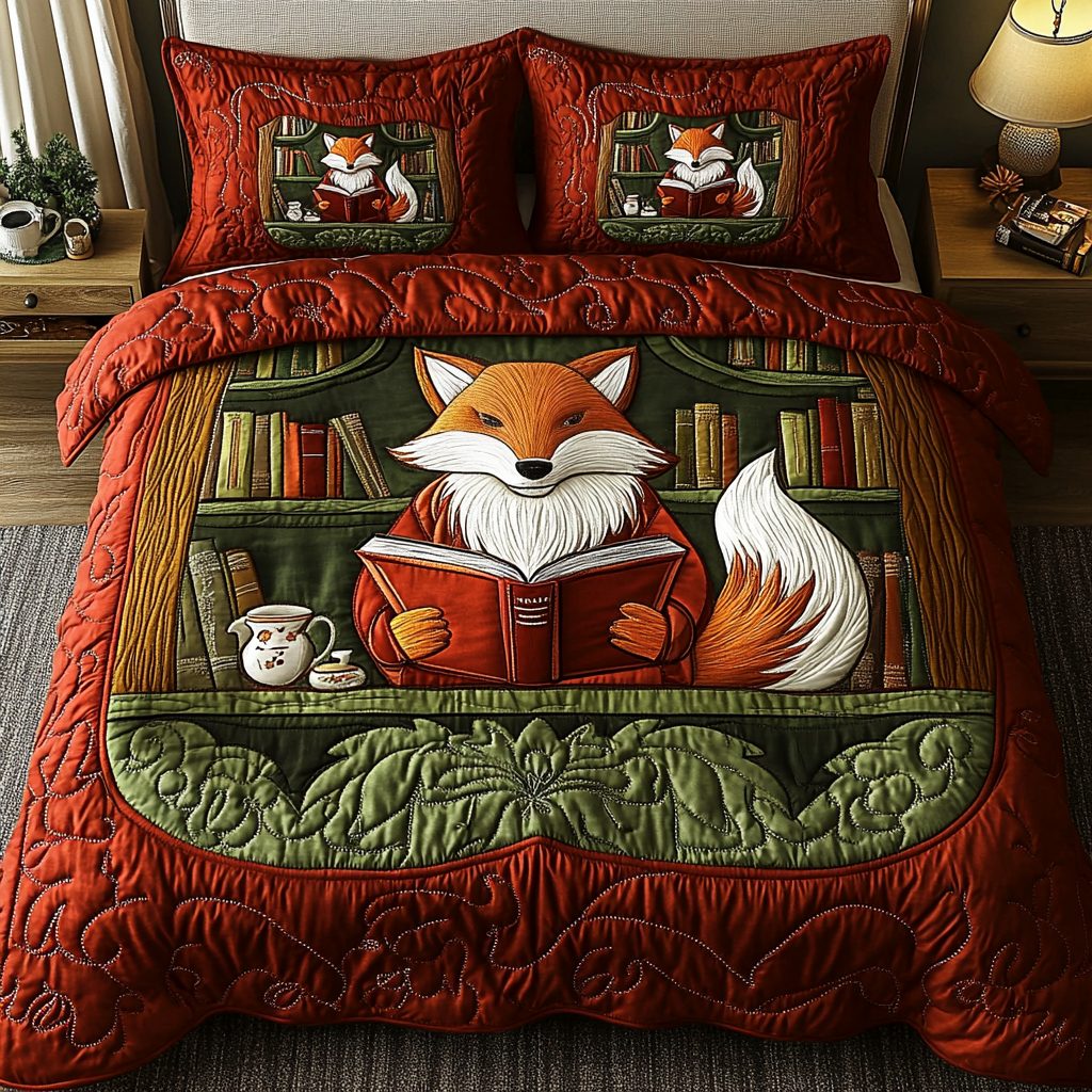 Whimsical Library quilted 3-piece bedding set on a made bed with two matching pillow shams