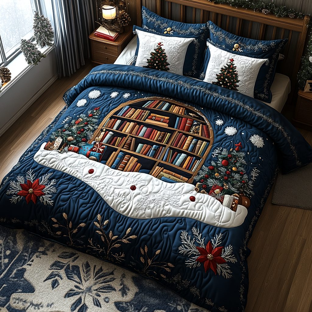 Whimsical Library Retreat quilted 3-piece bedding set on a made bed with two matching pillow shams