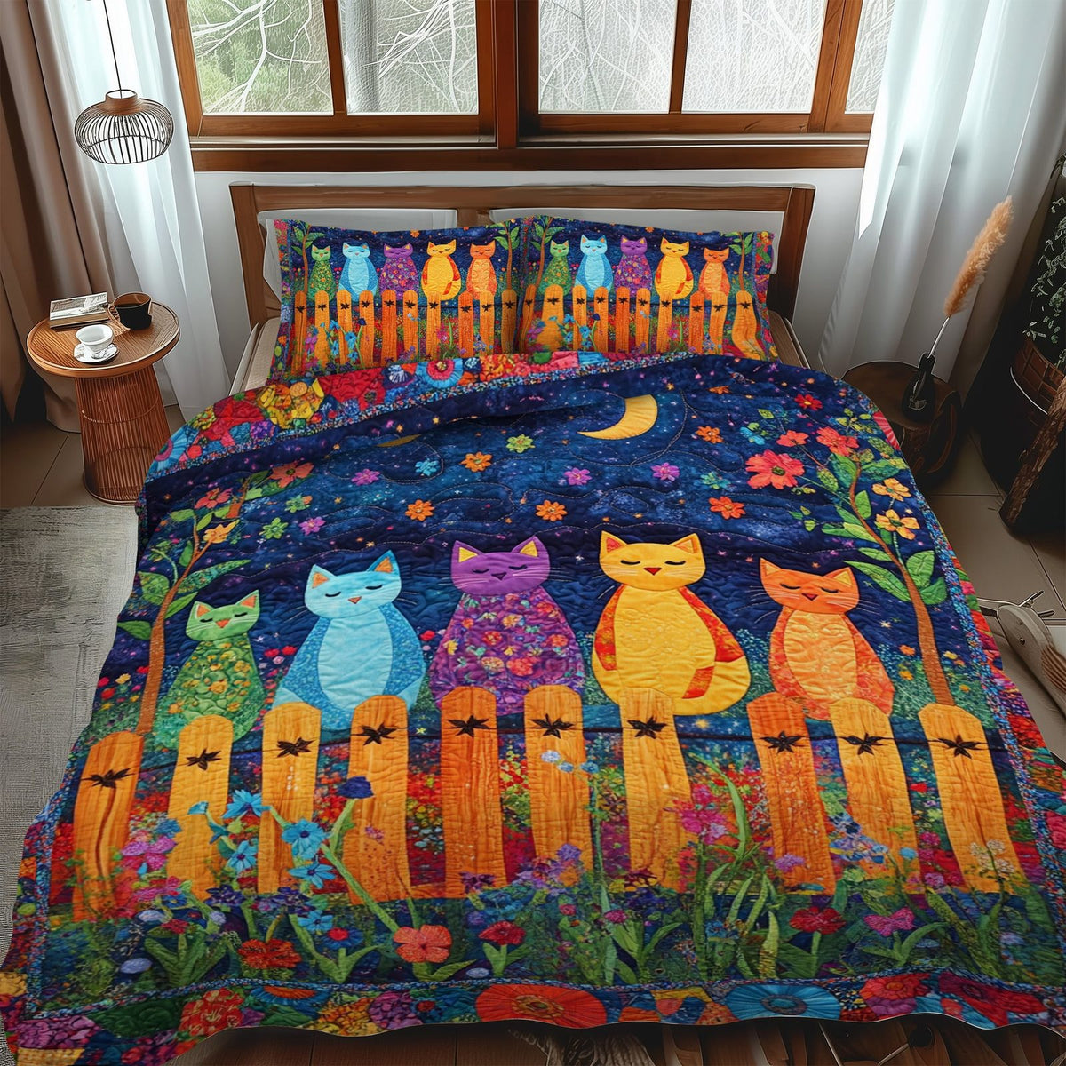 Whimsical Night Cat quilted 3-piece bedding set on a made bed with two matching pillow shams