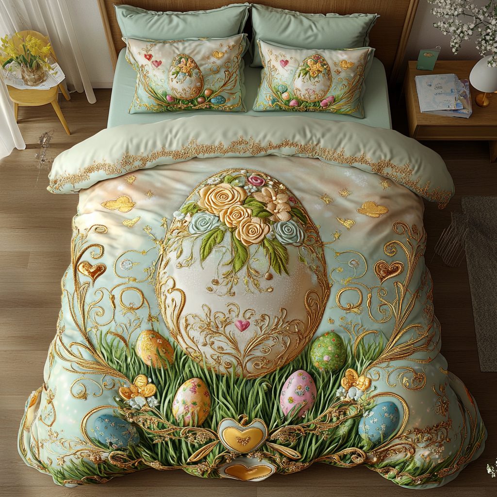 Whimsical Ovals quilted 3-piece bedding set on a made bed with two matching pillow shams