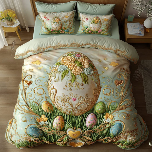 Whimsical Ovals quilted 3-piece bedding set on a made bed with two matching pillow shams