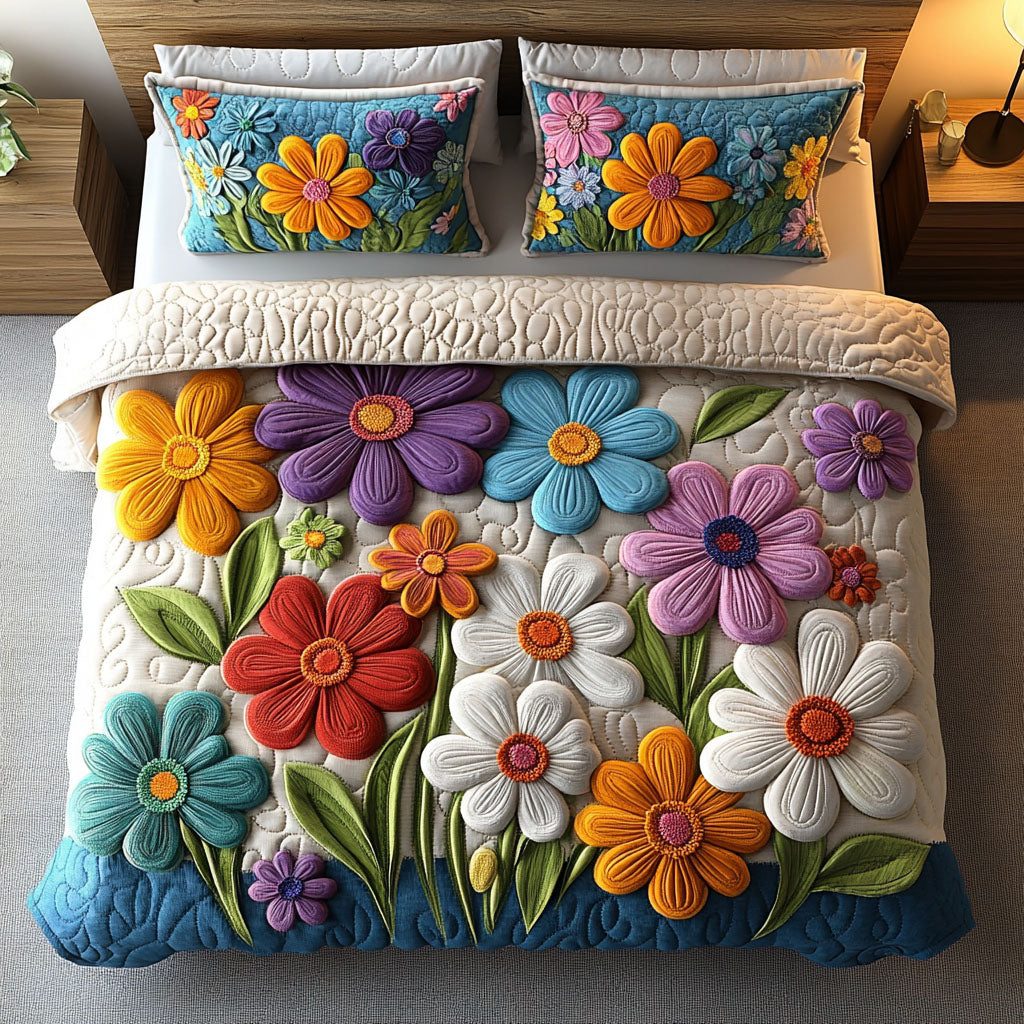 Whimsical Petals quilted 3-piece bedding set on a made bed with two matching pillow shams