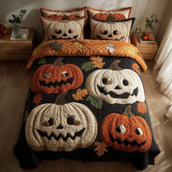 Whimsical Pumpkin quilted 3-piece bedding set on a made bed against a dark styled interior