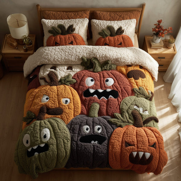 Whimsical Pumpkin quilted 3-piece bedding set on a made bed against a dark styled interior
