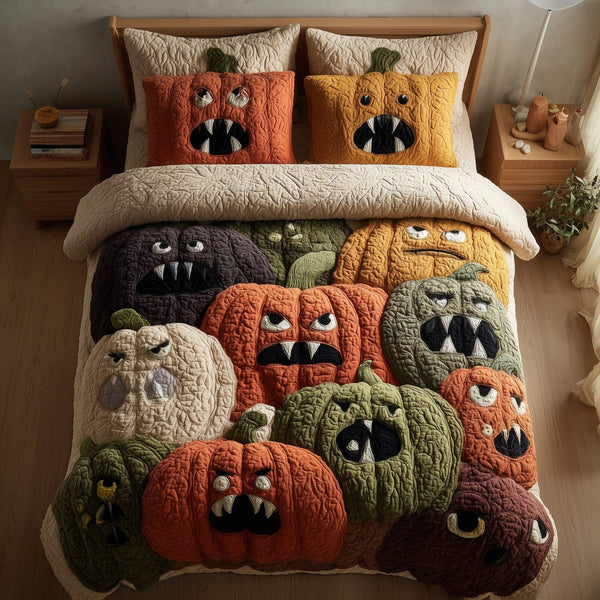 Whimsical Pumpkin quilted 3-piece bedding set on a made bed against a dark styled interior