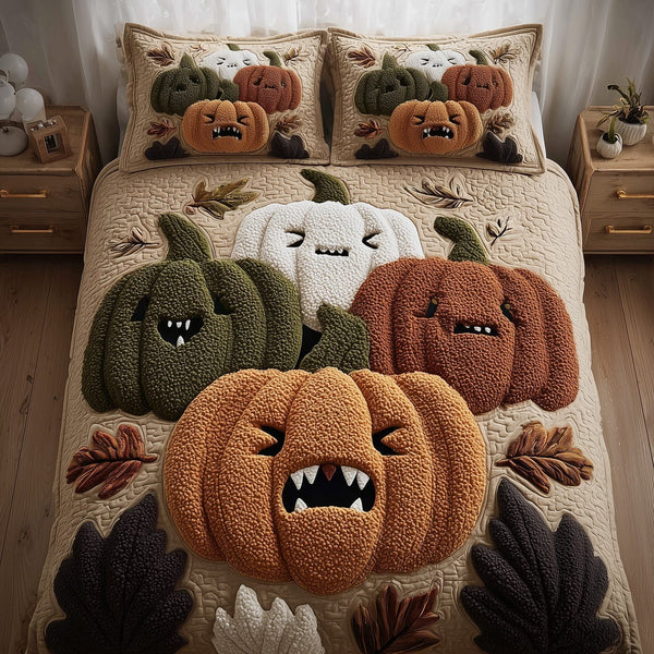 Whimsical Pumpkin quilted 3-piece bedding set on a made bed against a dark styled interior