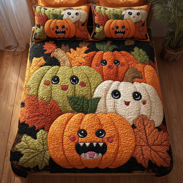 Whimsical Pumpkin quilted 3-piece bedding set on a made bed against a dark styled interior