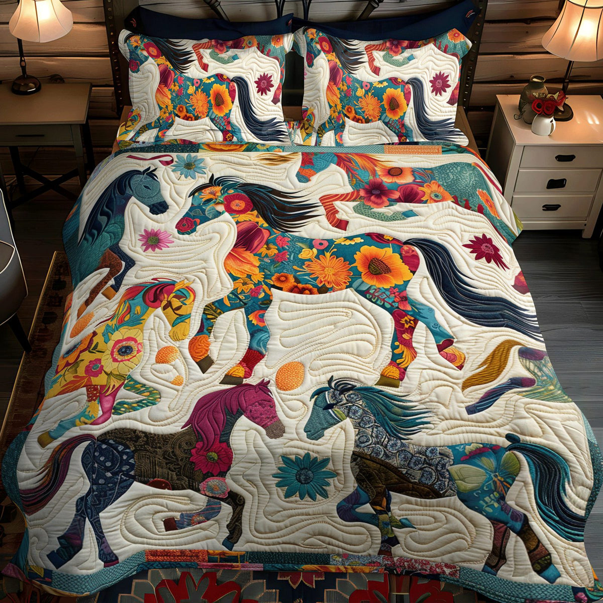 Whimsical Running Horse quilted 3-piece bedding set on a made bed in a rustic timber bedroom