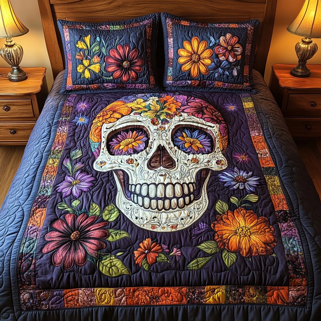 Whimsical Skull quilted 3-piece bedding set on a made bed against a dark styled interior