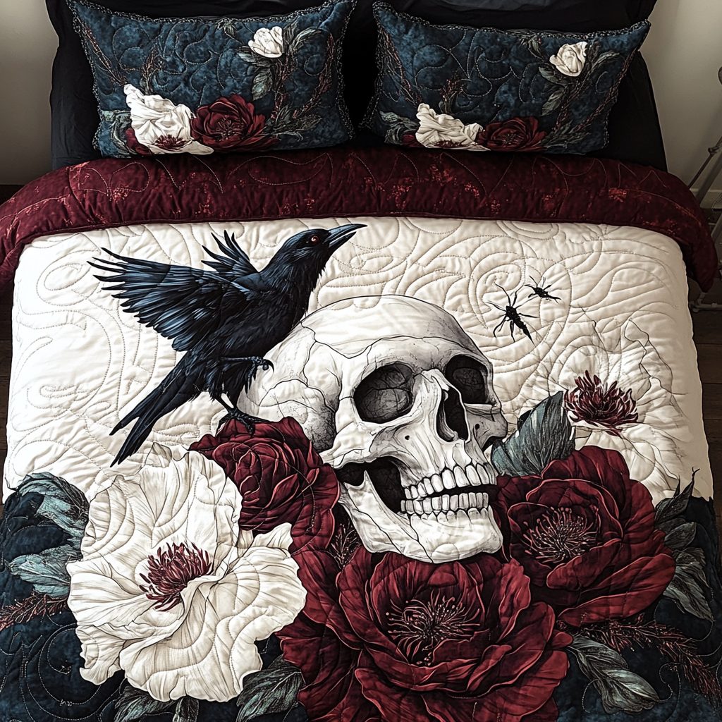 Whimsical Skull quilted 3-piece bedding set on a made bed against a dark styled interior