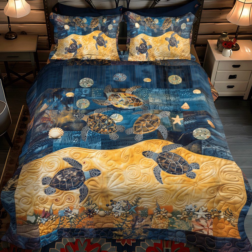 Whimsical Turtle Sea quilted 3-piece bedding set on a made bed in a light coastal bedroom