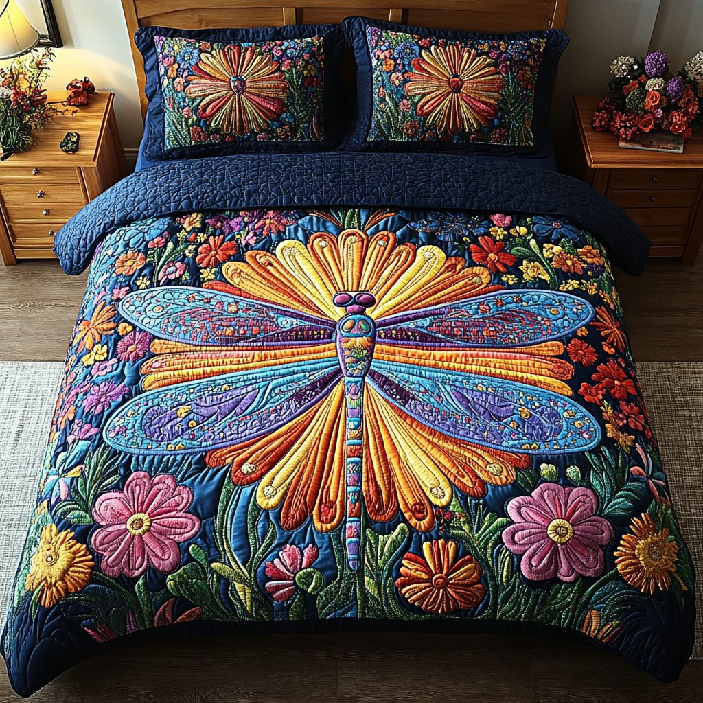 Whimsical Wings quilted 3-piece bedding set on a made bed with two matching pillow shams
