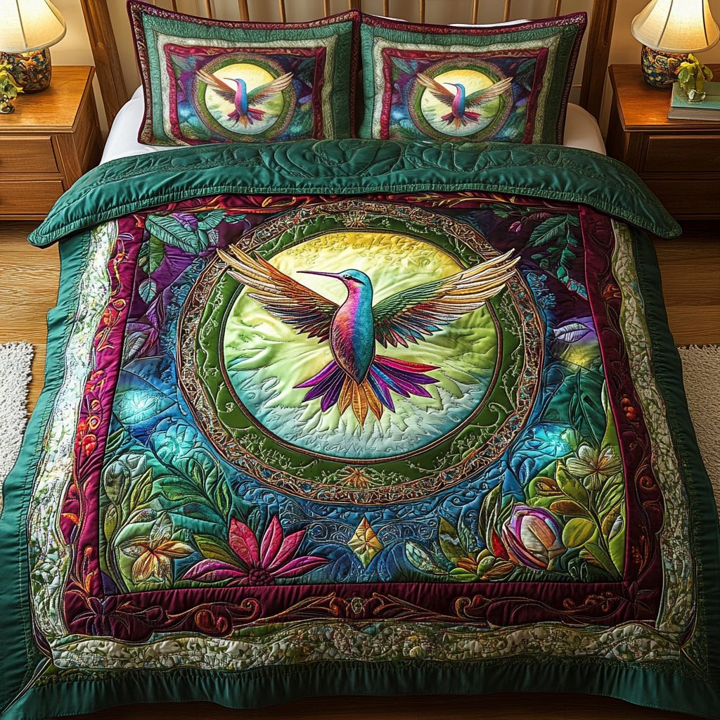 Whimsical Wings quilted 3-piece bedding set on a made bed with two matching pillow shams