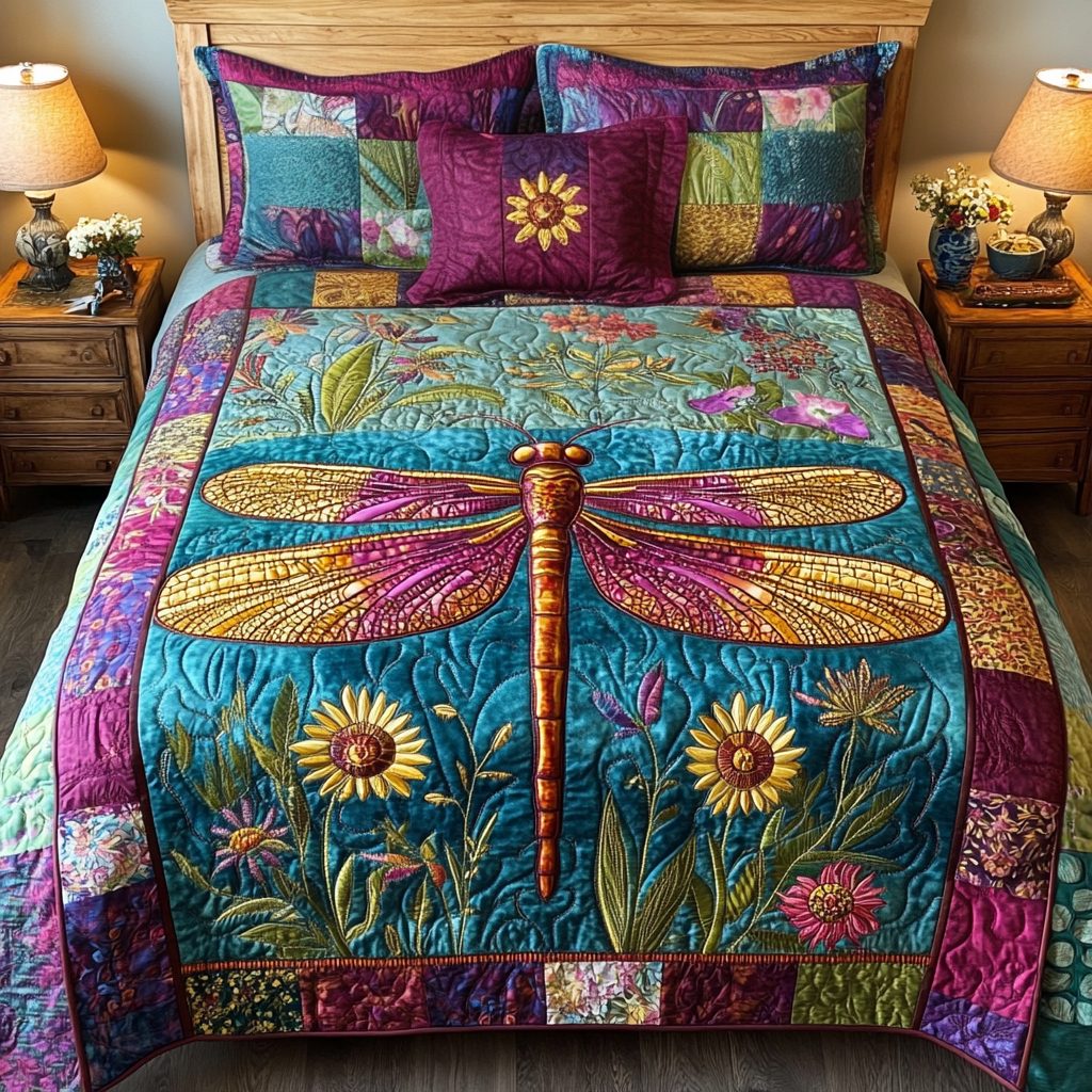 Whimsical Wings quilted 3-piece bedding set on a made bed with two matching pillow shams