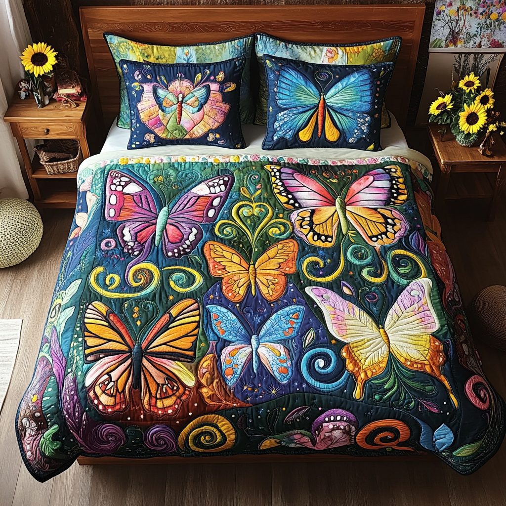 Whimsical Wings quilted 3-piece bedding set on a made bed with two matching pillow shams