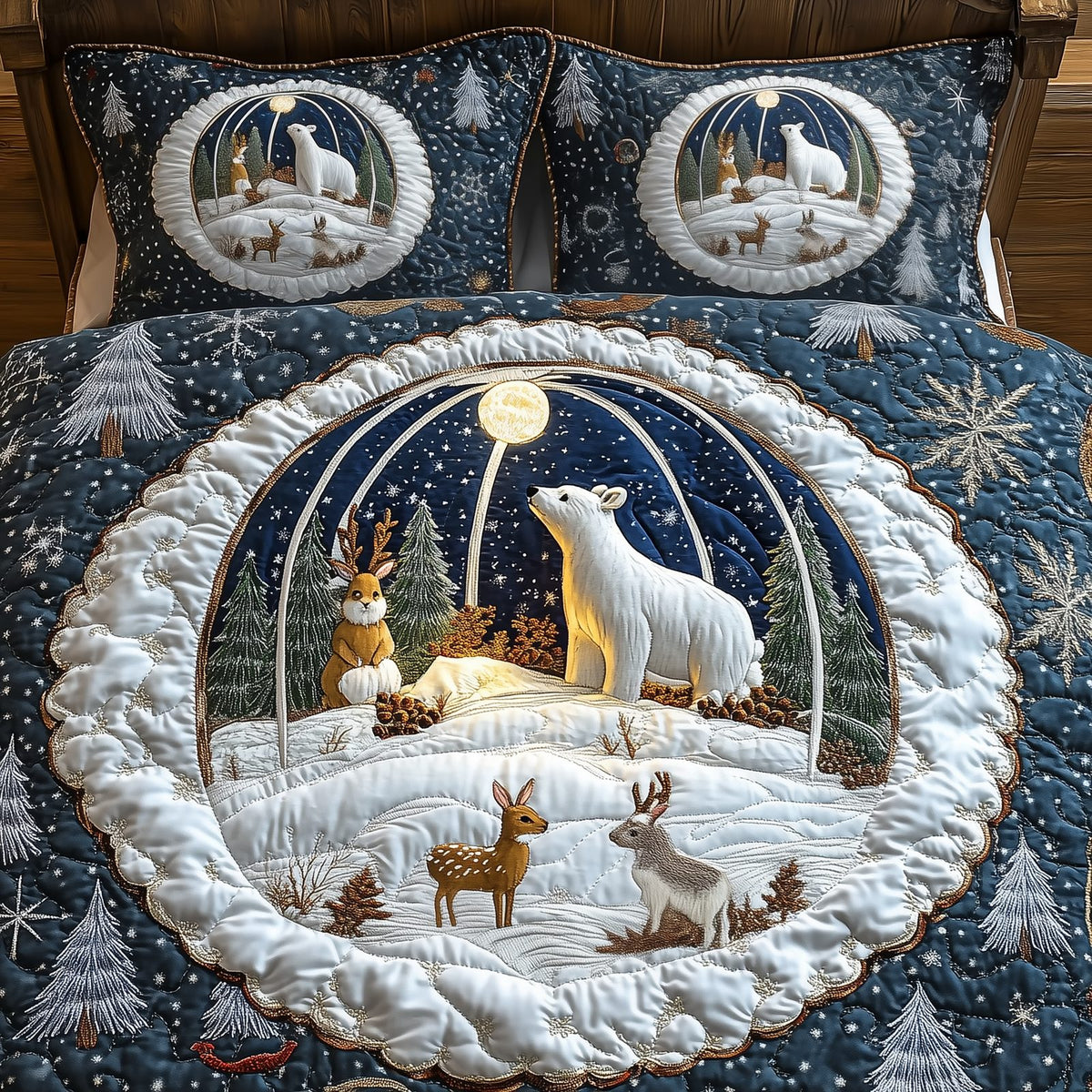 Whimsical Winter quilted 3-piece bedding set on a made bed in a winter-styled bedroom